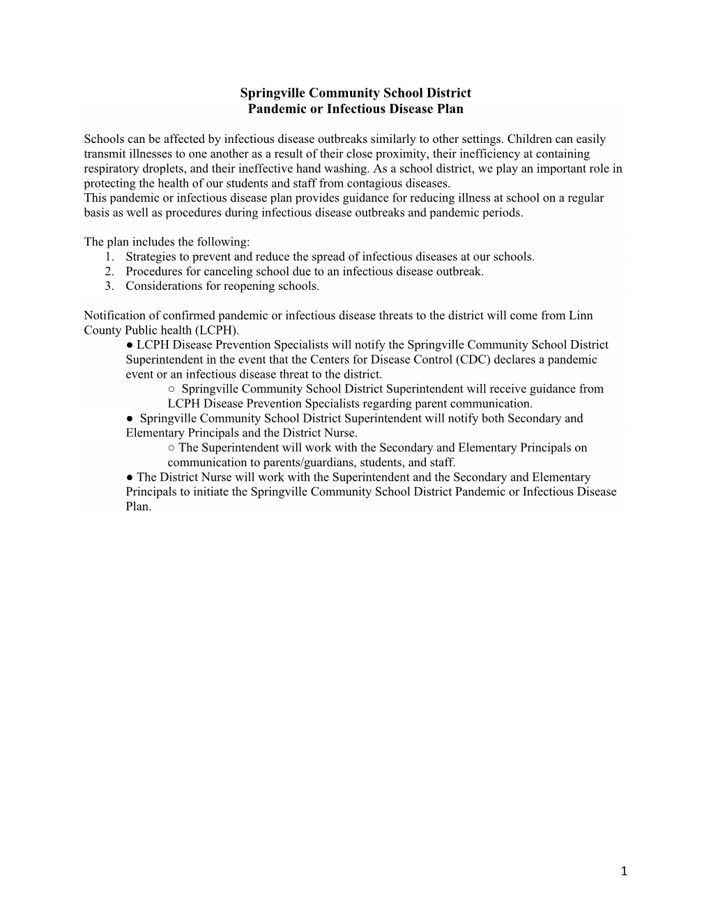 1 Springville Community School District Pandemic Or Infectious Disease Plan