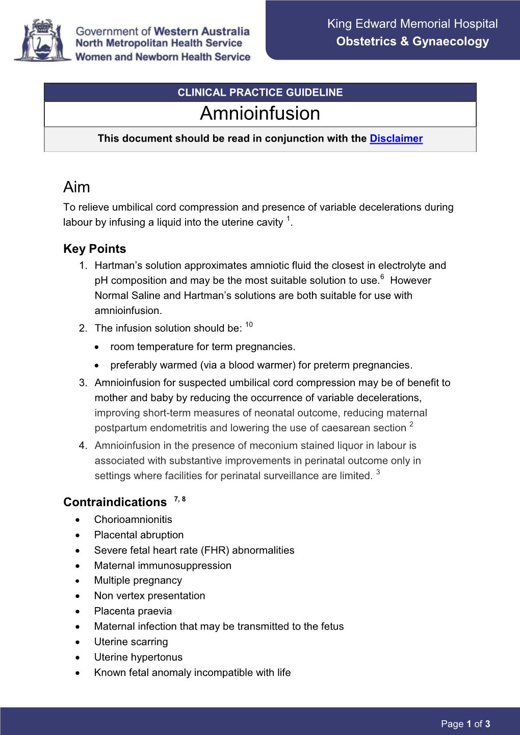 Amnioinfusion This Document Should Be Read in Conjunction with the Disclaimer