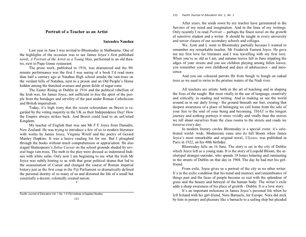 Portrait of a Teacher As an Artist Only Recently I Re-Read Portrait -- Perhaps the Finest Novel on the Growth of Sensitive Student and a Writer