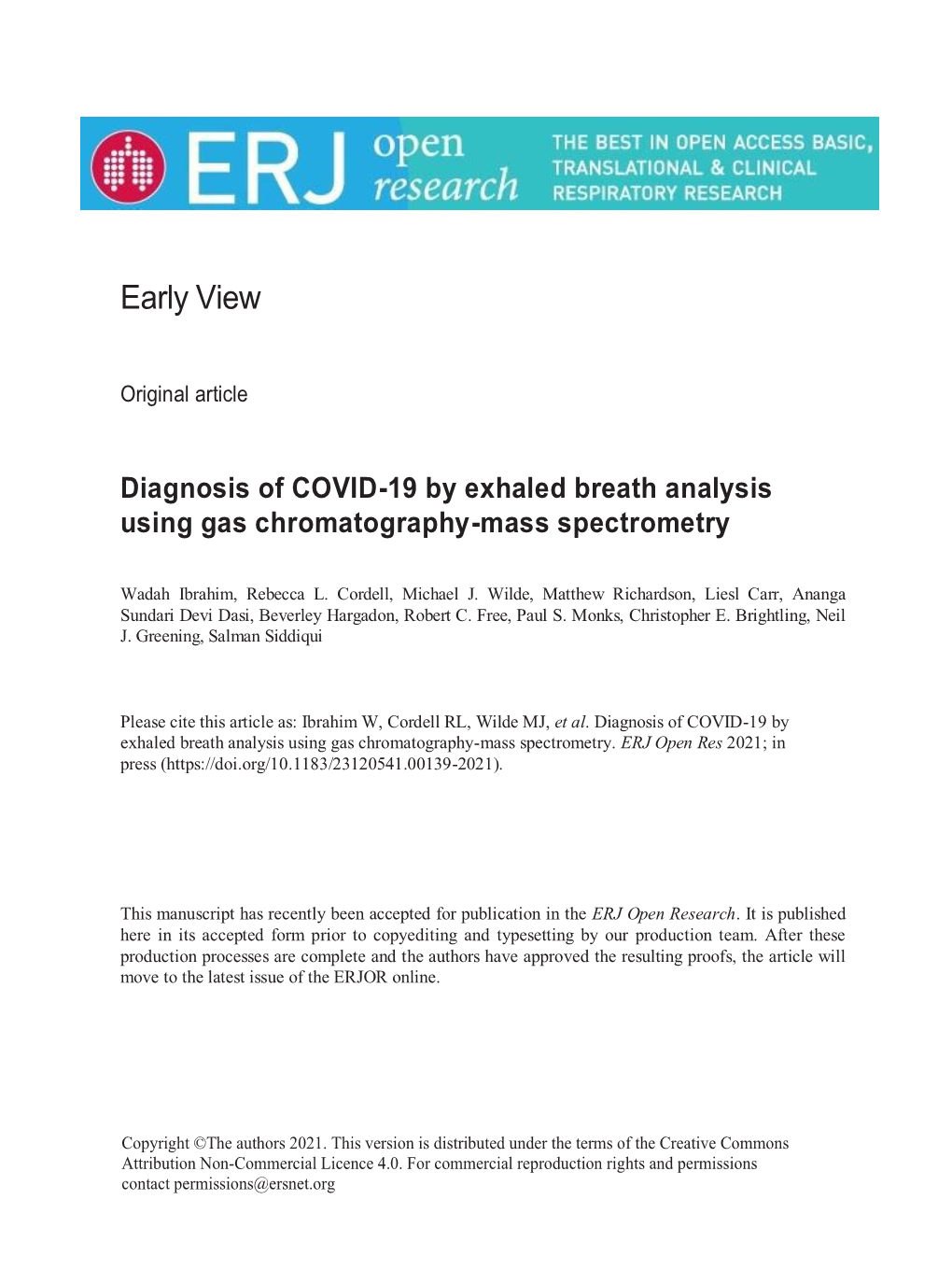 Diagnosis of COVID-19 by Exhaled Breath Analysis Using Gas Chromatography-Mass Spectrometry
