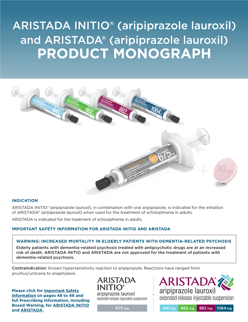 Aripiprazole Lauroxil) and ARISTADA® (Aripiprazole Lauroxil) PRODUCT MONOGRAPH
