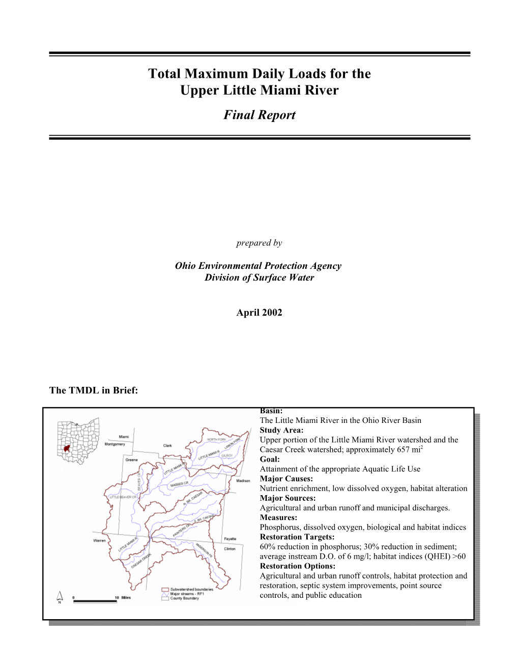 Total Maximum Daily Loads for the Upper Little Miami River Final Report