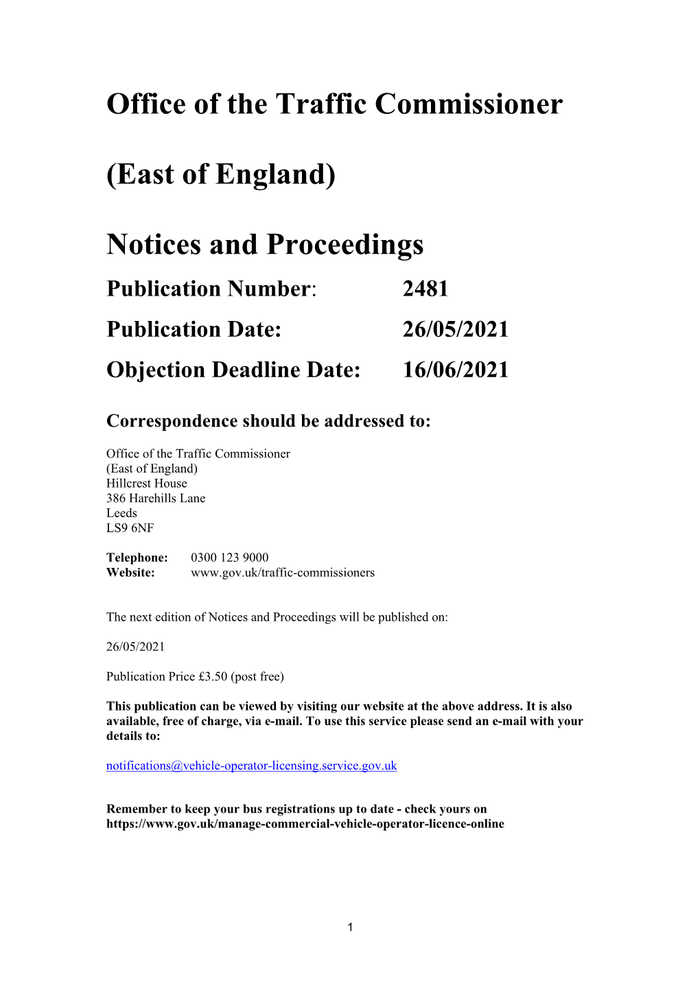 Office of the Traffic Commissioner (East of England) Notices and Proceedings