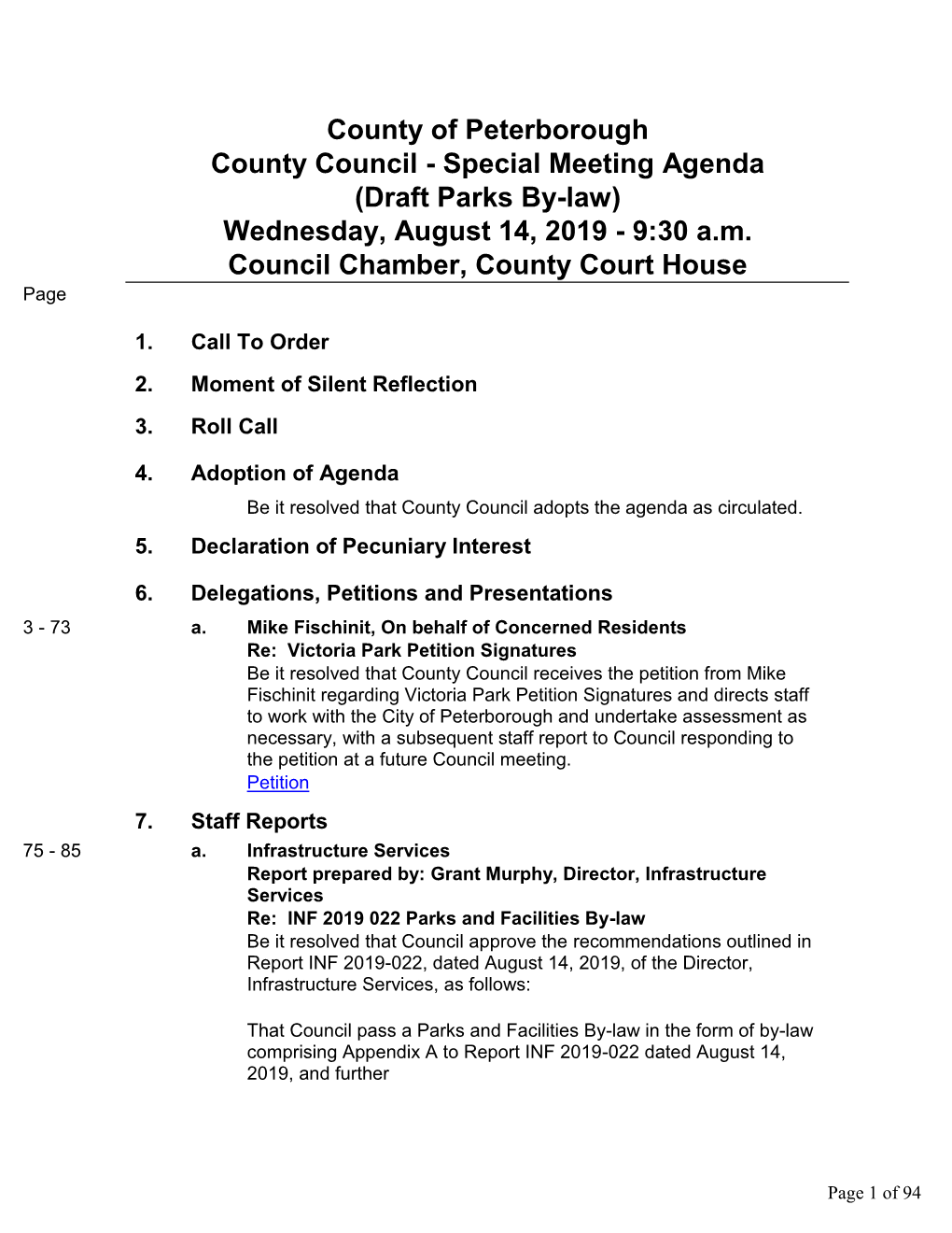 County Council - Special Meeting Agenda (Draft Parks By-Law) Wednesday, August 14, 2019 - 9:30 A.M