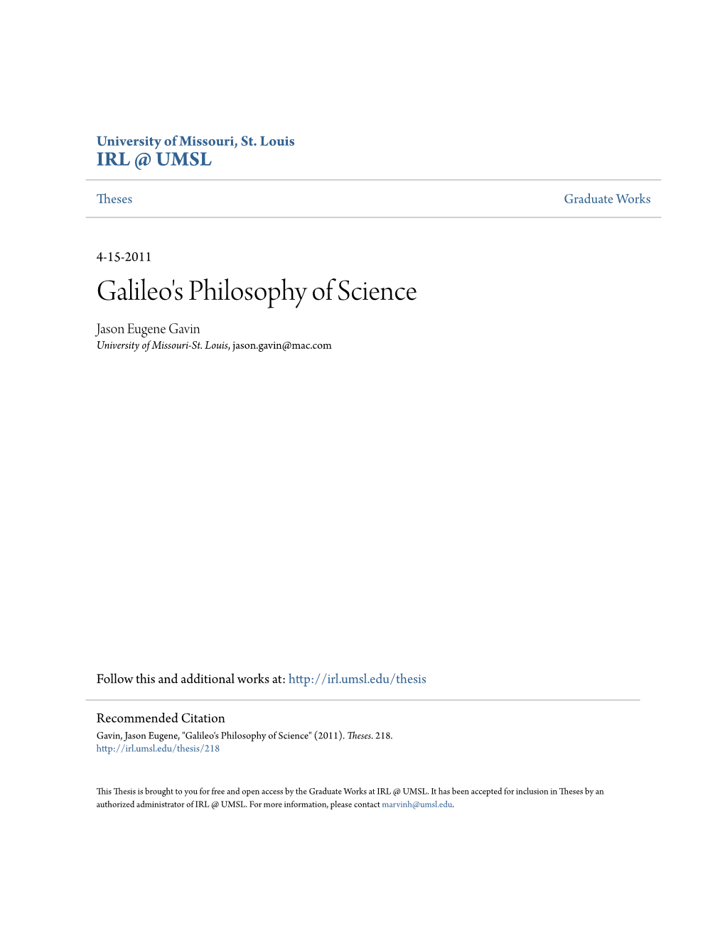 Galileo's Philosophy of Science Jason Eugene Gavin University of Missouri-St