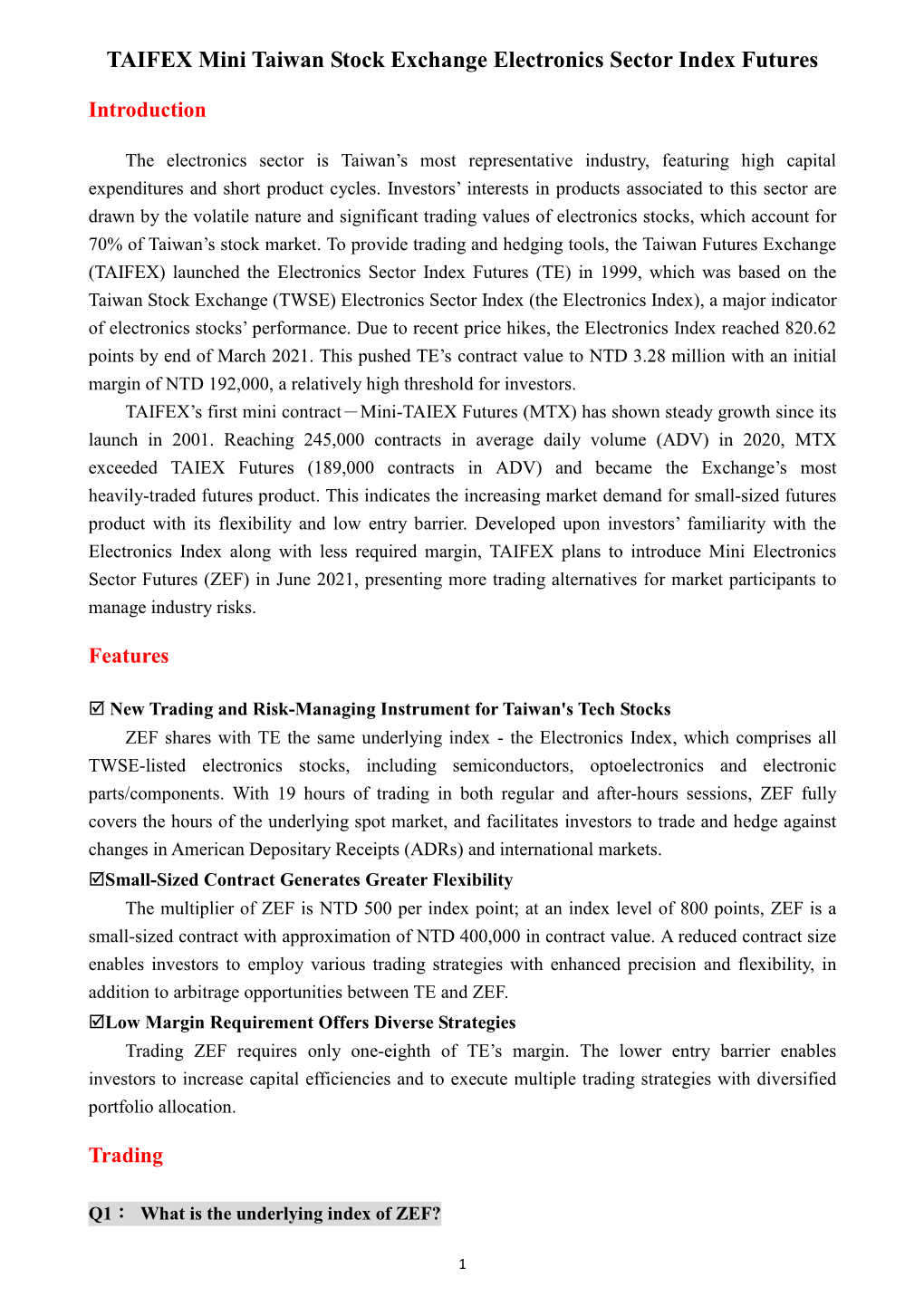 TAIFEX Mini Taiwan Stock Exchange Electronics Sector Index Futures