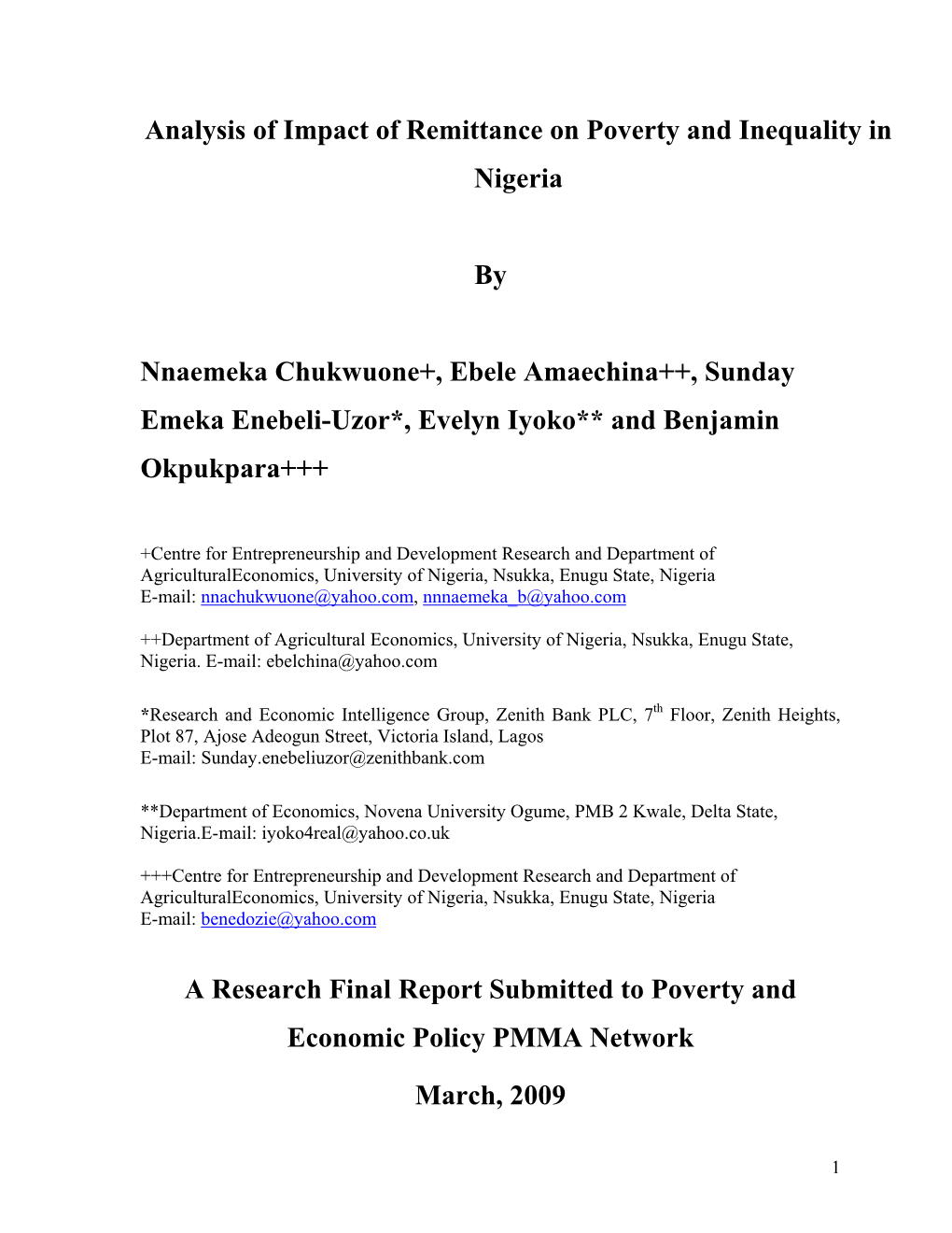 Analysis of Impact of Remittance on Poverty and Inequality in Nigeria By