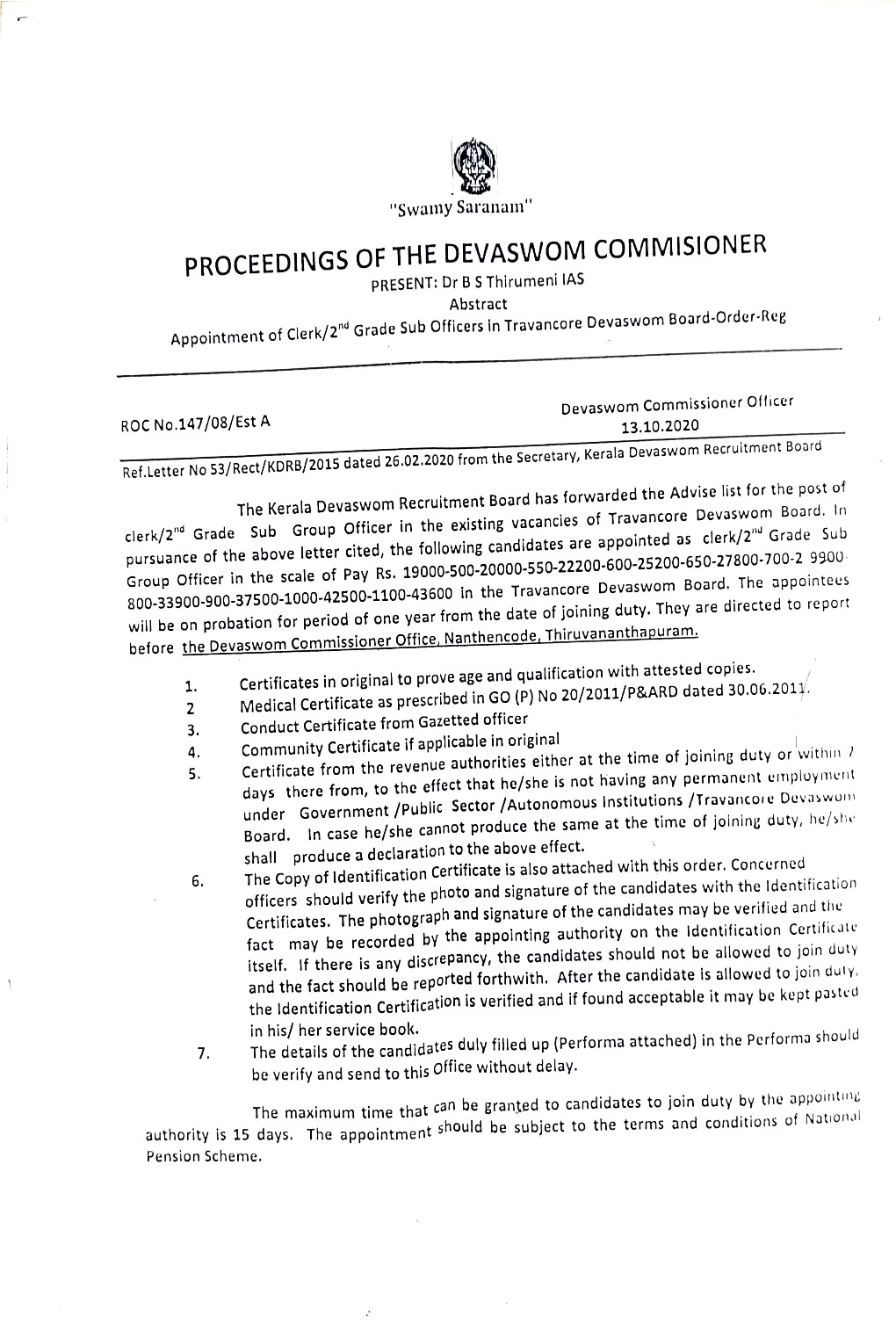 PRESENT: Dr BS Thirumeni Las Abstract Devaswom Board-Order-Reg Grade Sub Officers in Travancore Appointment of Clerk/2