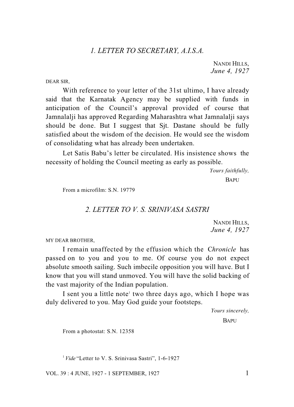 1. Letter to Secretary, A.I.S.A. 2. Letter to V. S. Srinivasa Sastri