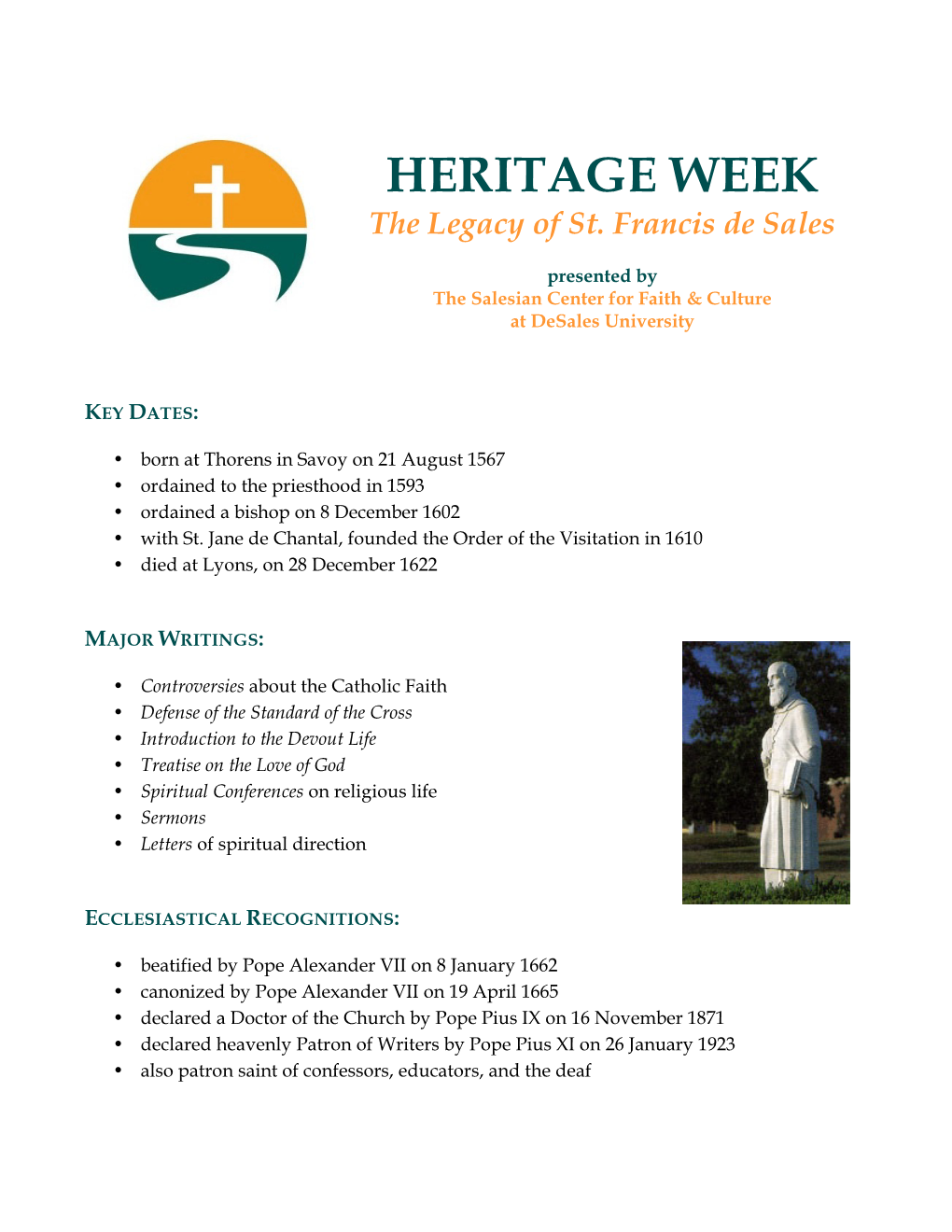 HERITAGE WEEK the Legacy of St. Francis De Sales