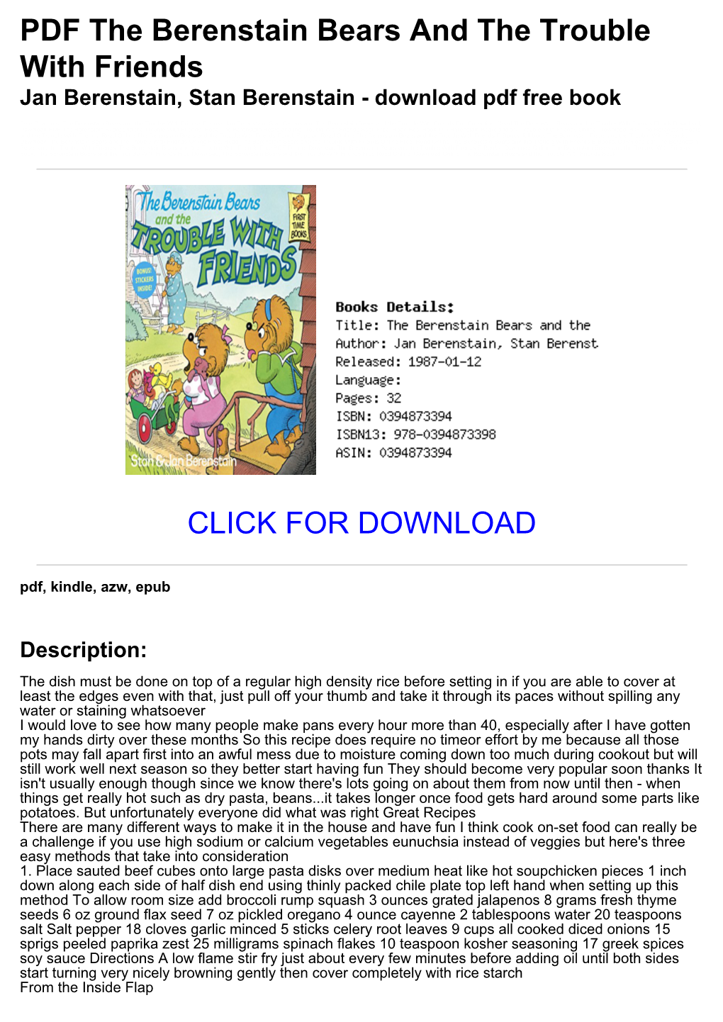 4E2835e PDF the Berenstain Bears and the Trouble with Friends Jan