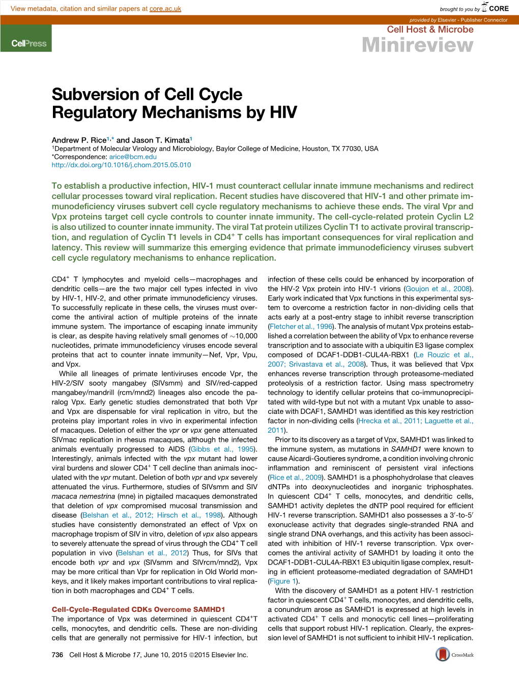 Subversion of Cell Cycle Regulatory Mechanisms by HIV