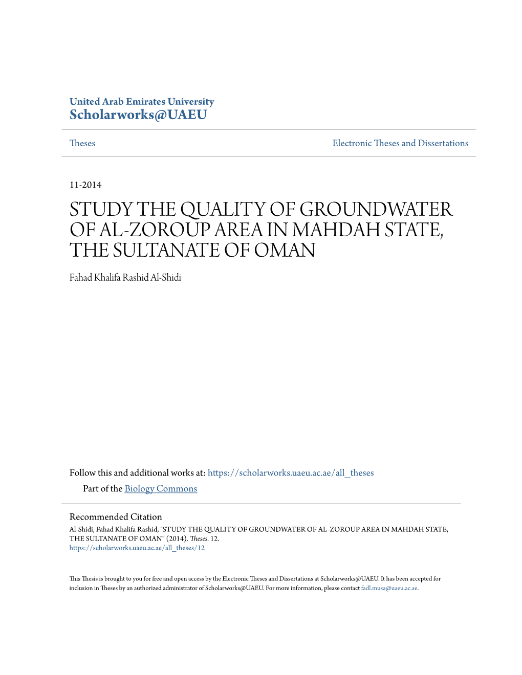 STUDY the QUALITY of GROUNDWATER of AL-ZOROUP AREA in MAHDAH STATE, the SULTANATE of OMAN Fahad Khalifa Rashid Al-Shidi