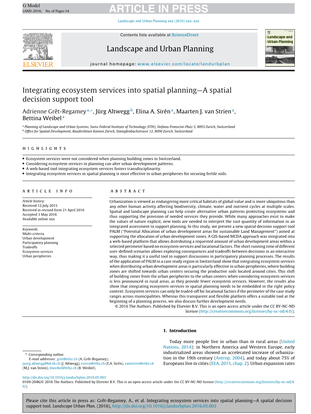 Integrating Ecosystem Services Into Spatial Planning—A Spatial Decision Support Tool