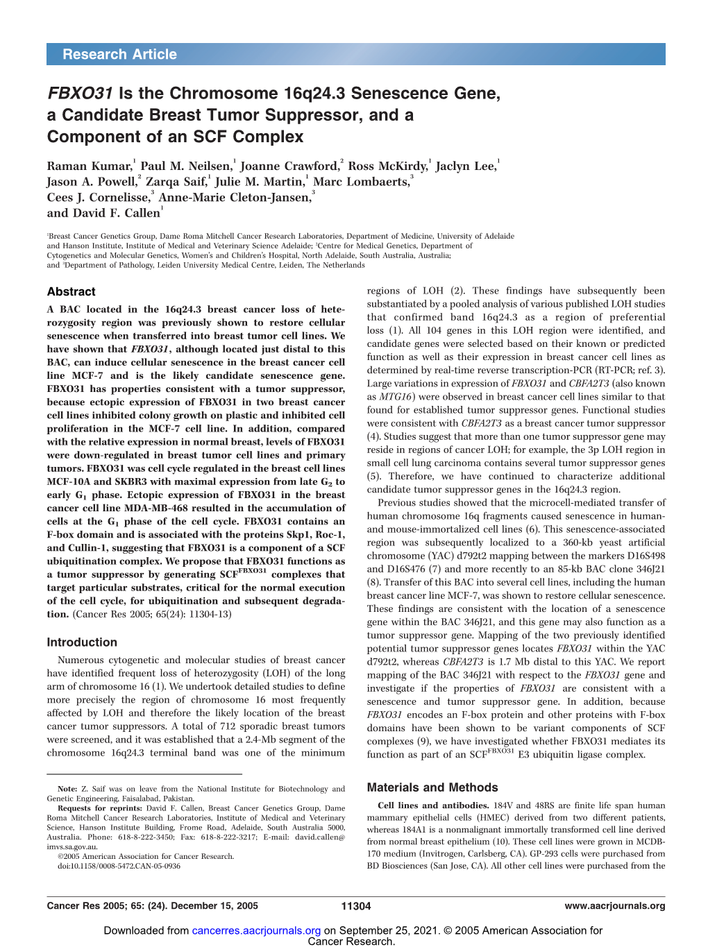 FBXO31 Is the Chromosome 16Q24.3 Senescence Gene, a Candidate Breast Tumor Suppressor, and a Component of an SCF Complex