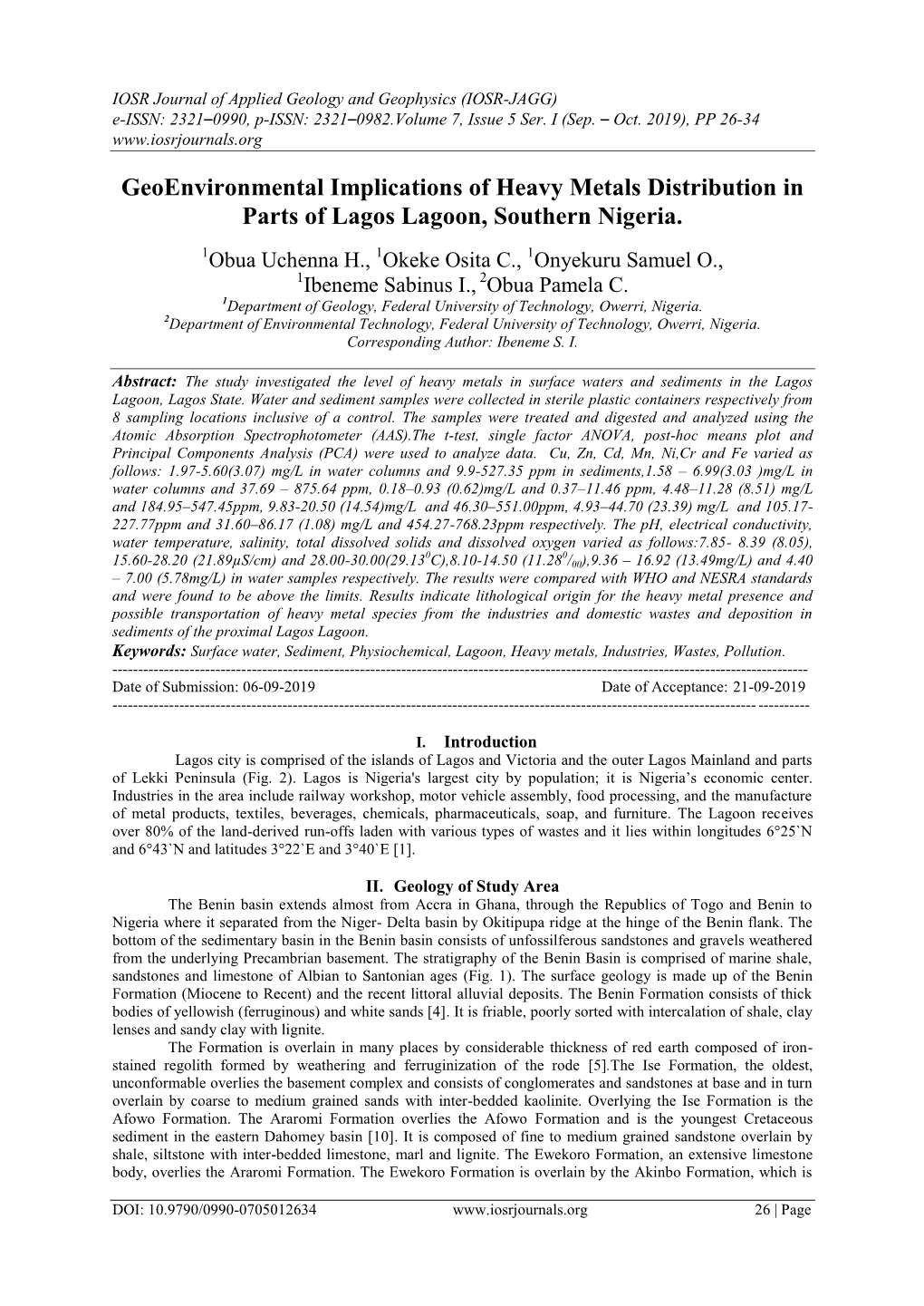 Geoenvironmental Implications of Heavy Metals Distribution in Parts of Lagos Lagoon, Southern Nigeria