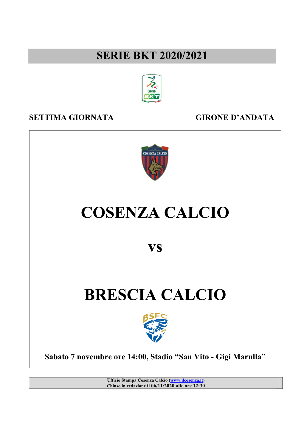 COSENZA CALCIO Vs BRESCIA CALCIO