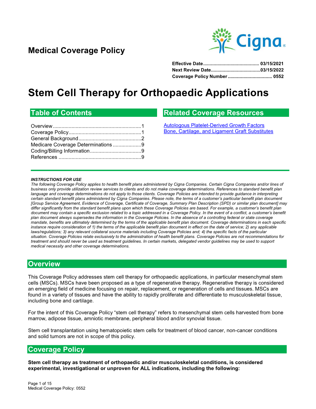 Stem Cell Therapy for Orthopaedic Applications – (0552)
