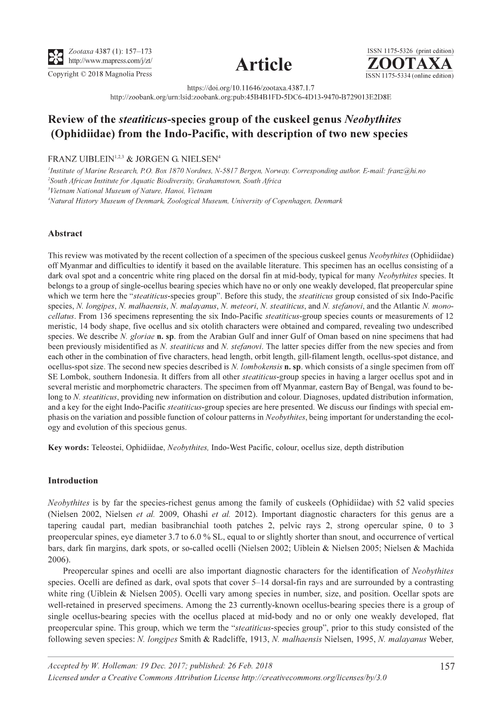 Review of the Steatiticus-Species Group of the Cuskeel Genus Neobythites (Ophidiidae) from the Indo-Pacific, with Description of Two New Species