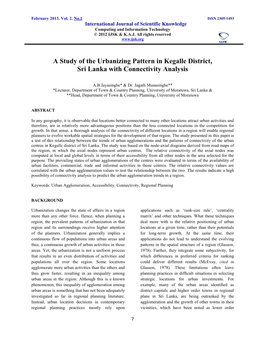 A Study of the Urbanizing Pattern in Kegalle District, Sri Lanka with Connectivity Analysis