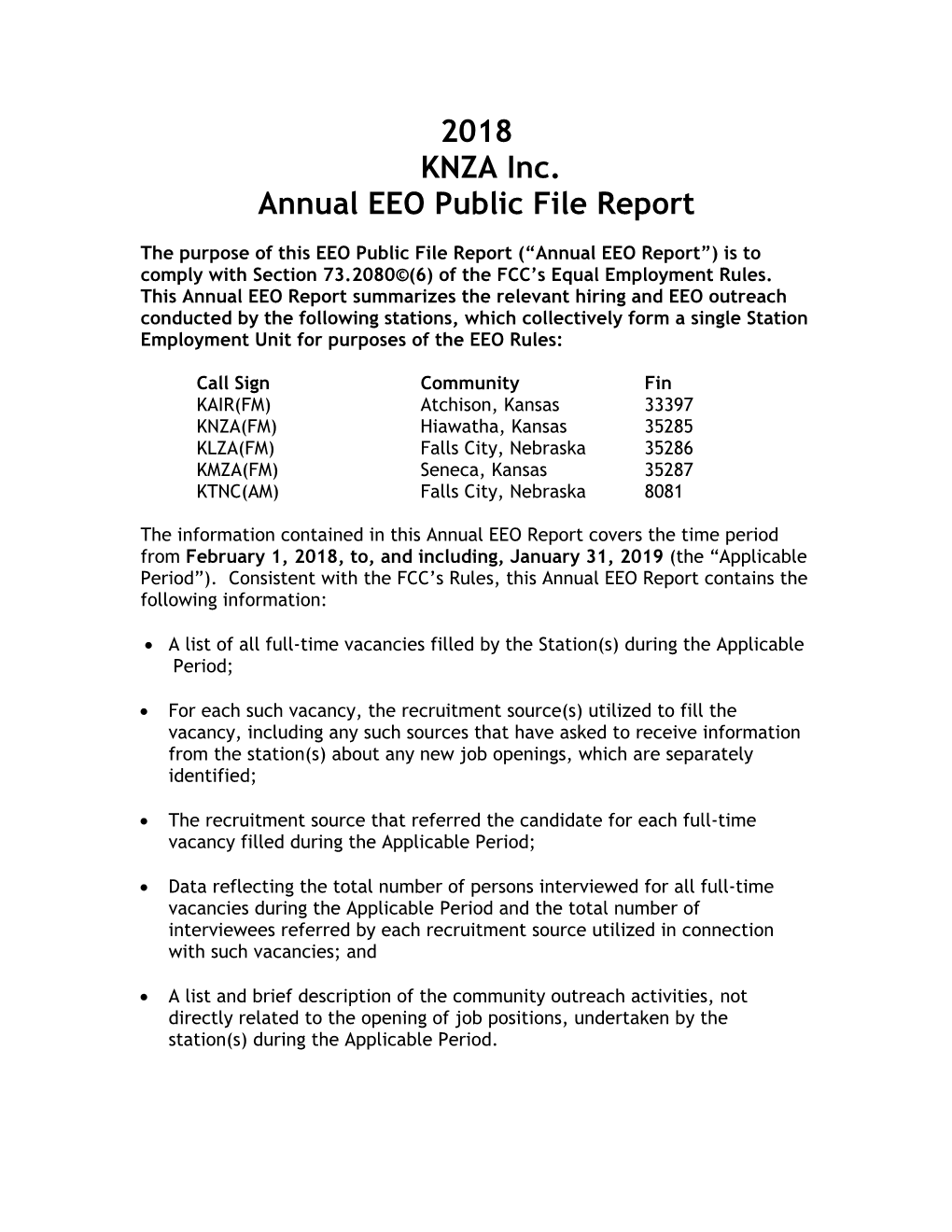 2018 KNZA Inc. Annual EEO Public File Report