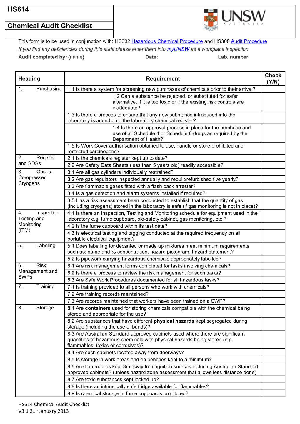 Audit Completed By: Name Date: Lab. Number