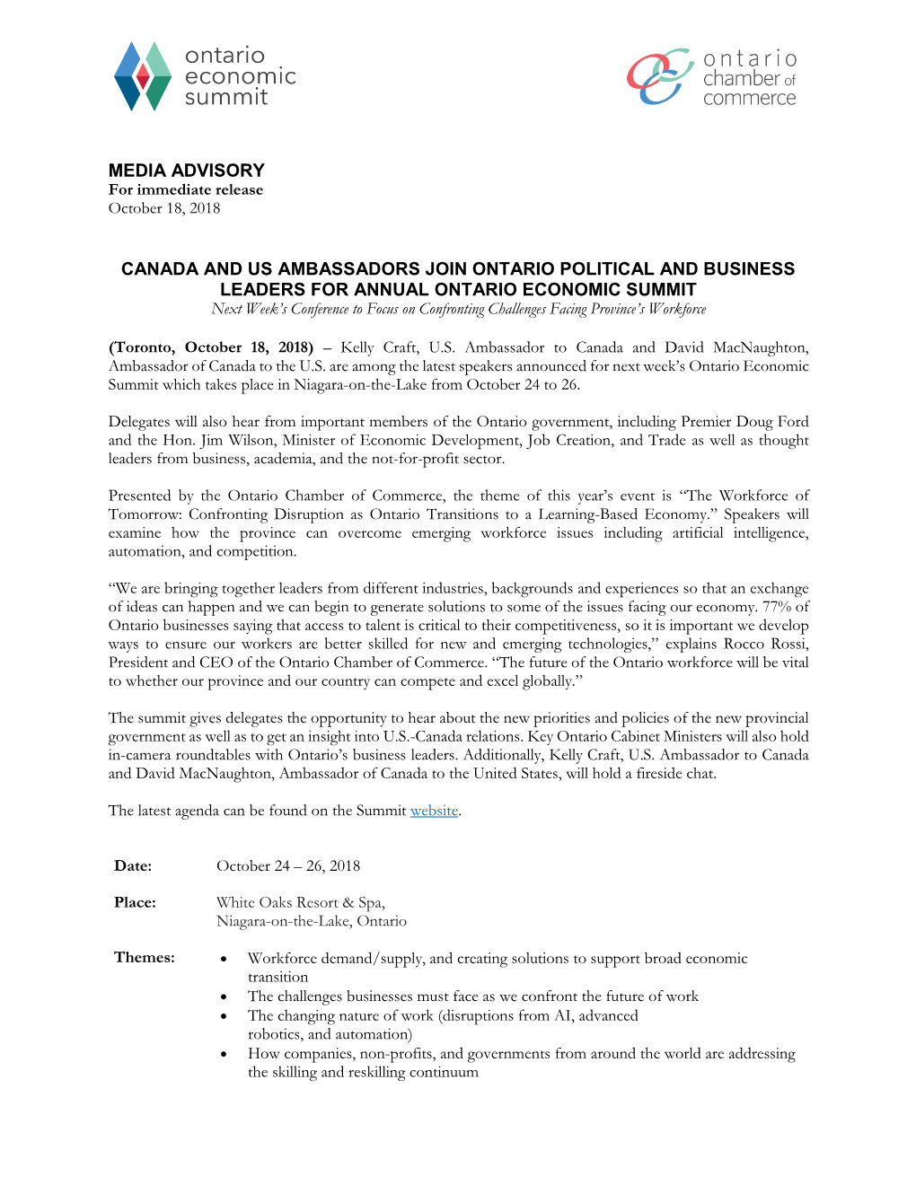 Media Advisory Canada and Us Ambassadors Join Ontario