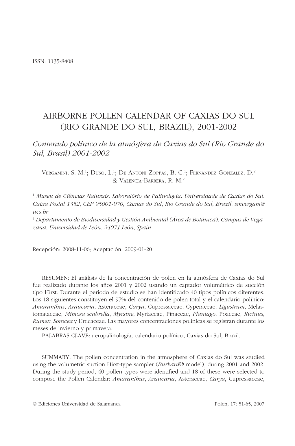 Airborne Pollen Calendar of Caxias Do Sul (Rio Grande Do Sul, Brazil), 2001-2002