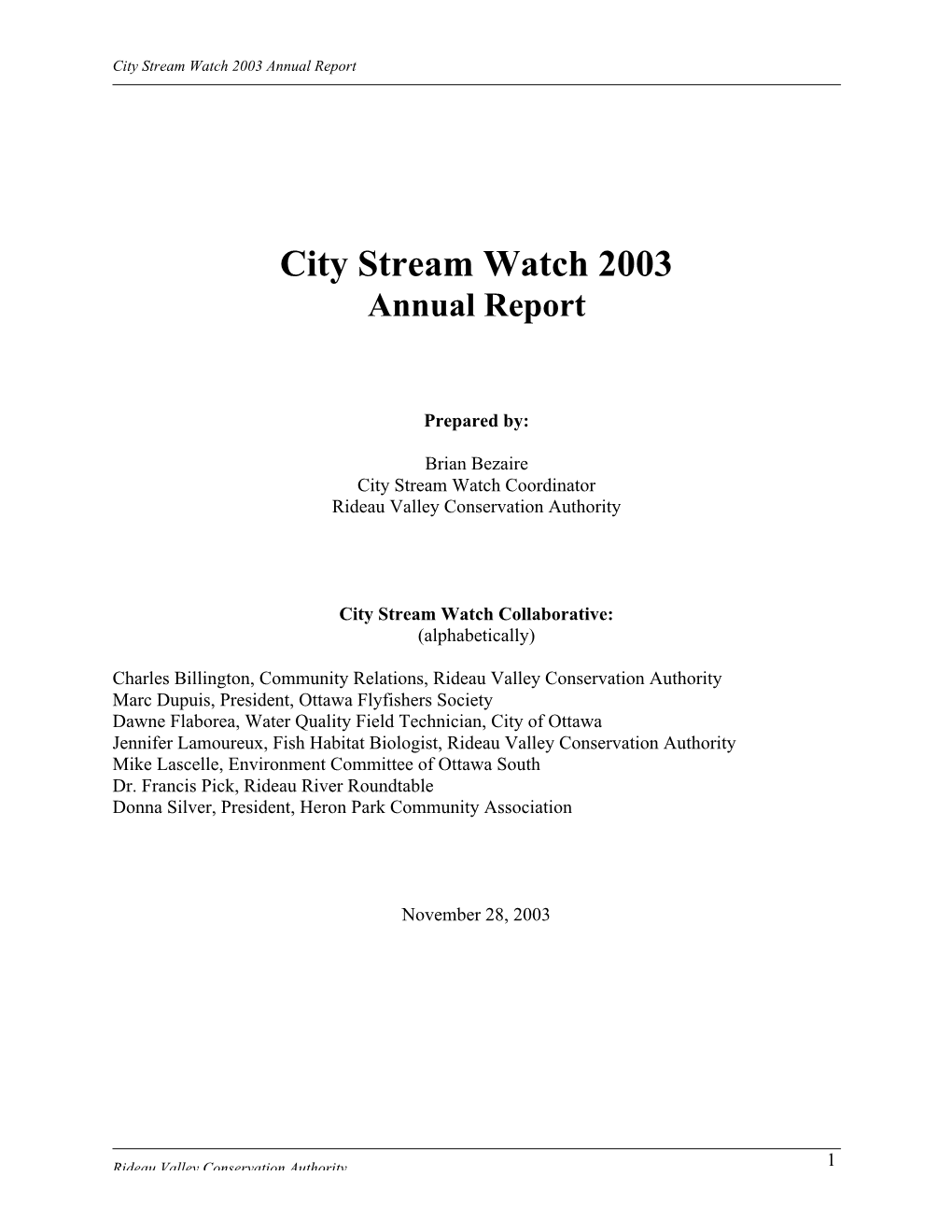 City Stream Watch 2003 Annual Report