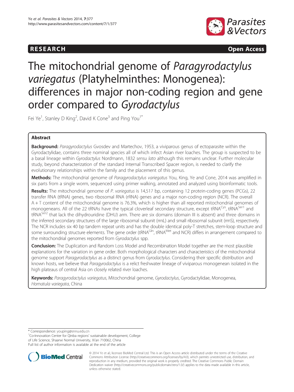 The Mitochondrial Genome of Paragyrodactylus