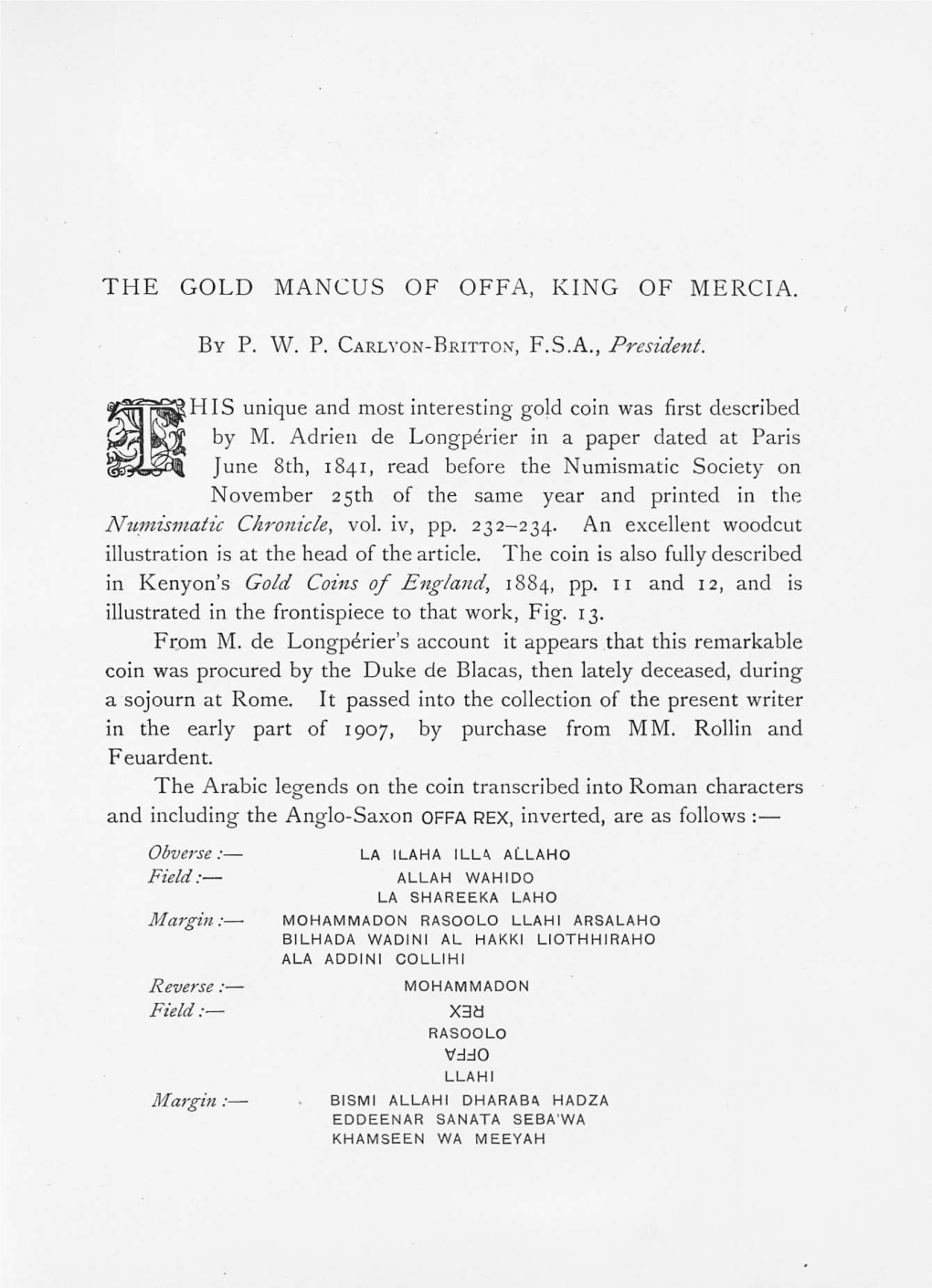 A Gold Mancus of Offa, King of Mercia