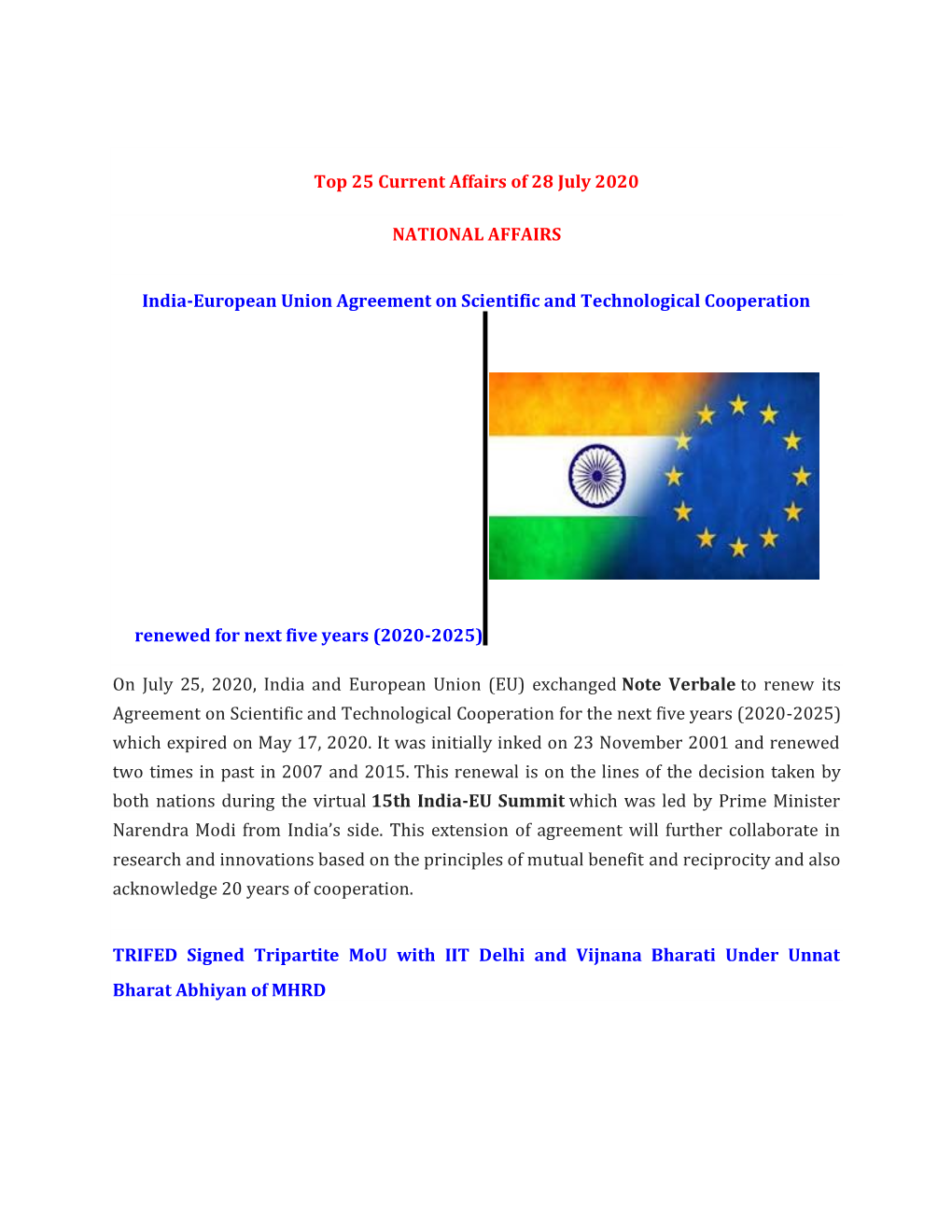 Top 25 Current Affairs of 28 July 2020 NATIONAL AFFAIRS India