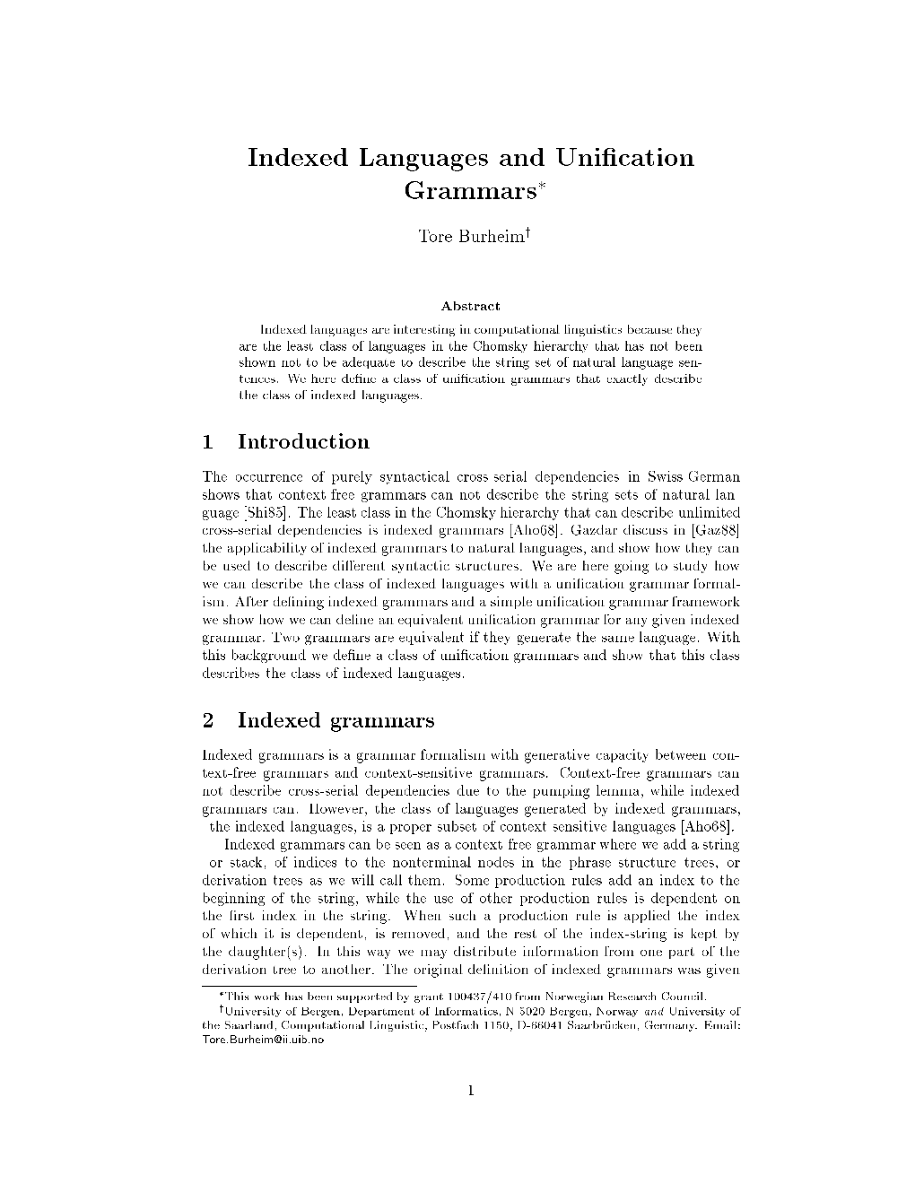 Indexed Languages and Uni Cation Grammars
