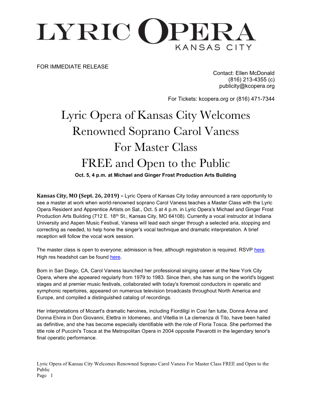Lyric Opera of Kansas City Welcomes Renowned Soprano Carol Vaness for Master Class FREE and Open to the Public Oct