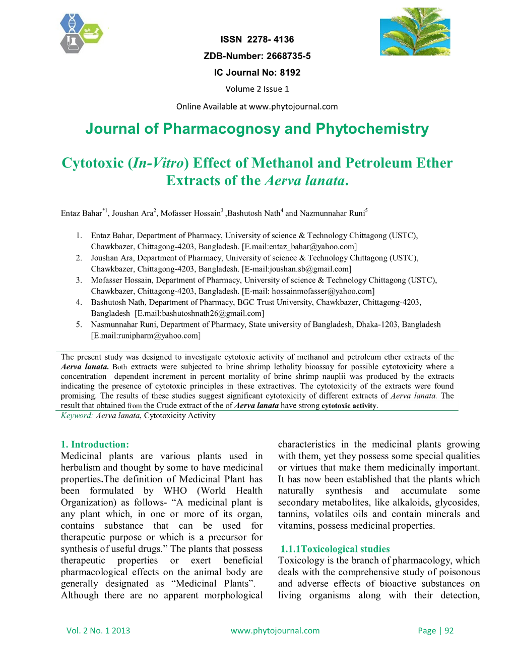 Journal of Pharmacognosy and Phytochemistry Cytotoxic (In-Vitro