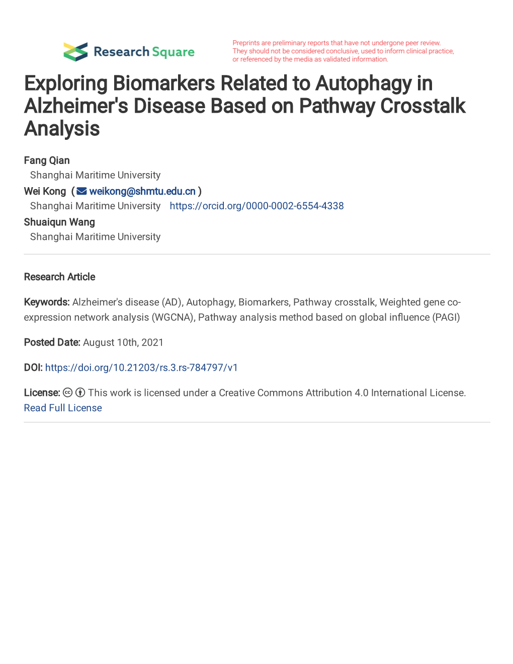 Exploring Biomarkers Related to Autophagy in Alzheimer's Disease Based on Pathway Crosstalk Analysis