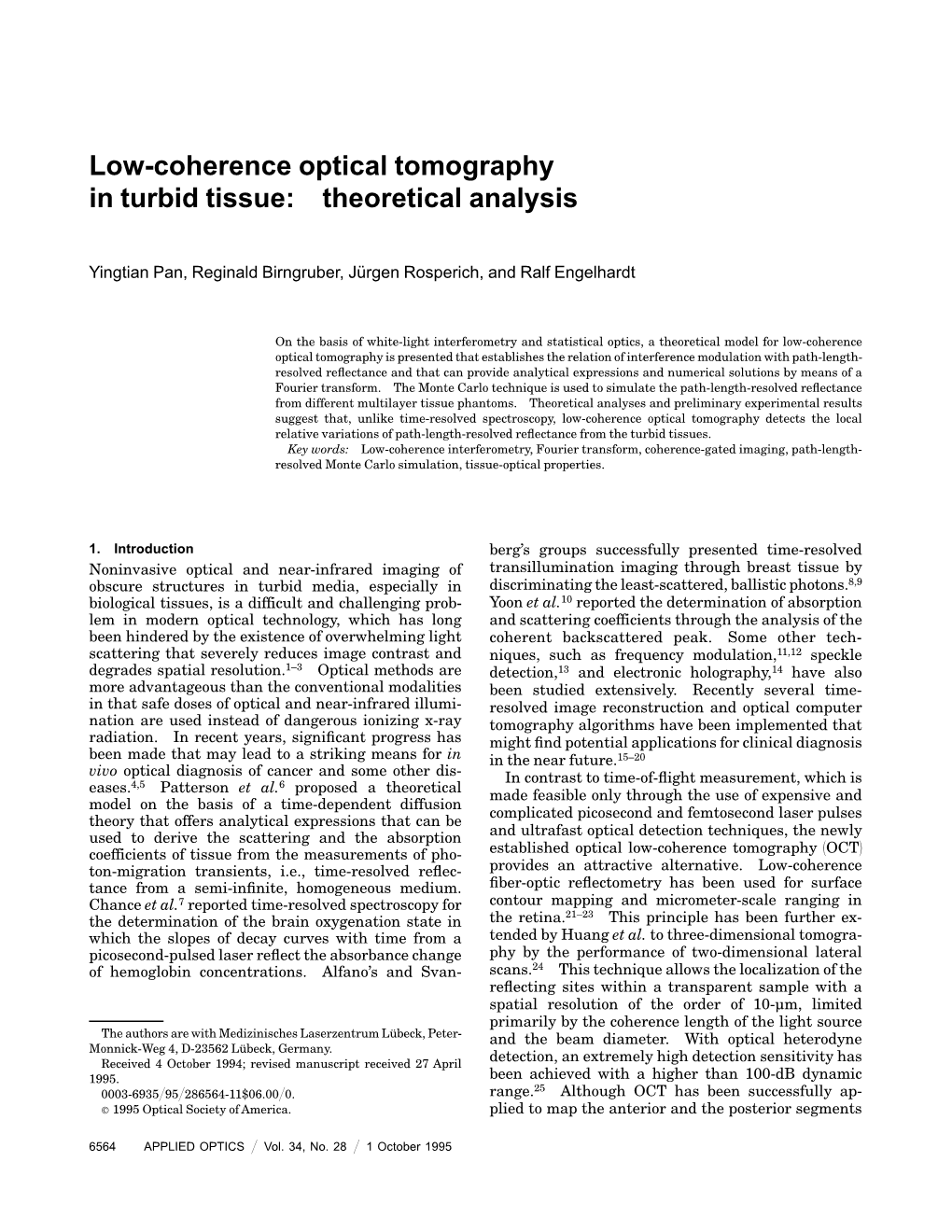 Low-Coherence Optical Tomography in Turbid Tissue: Theoretical Analysis