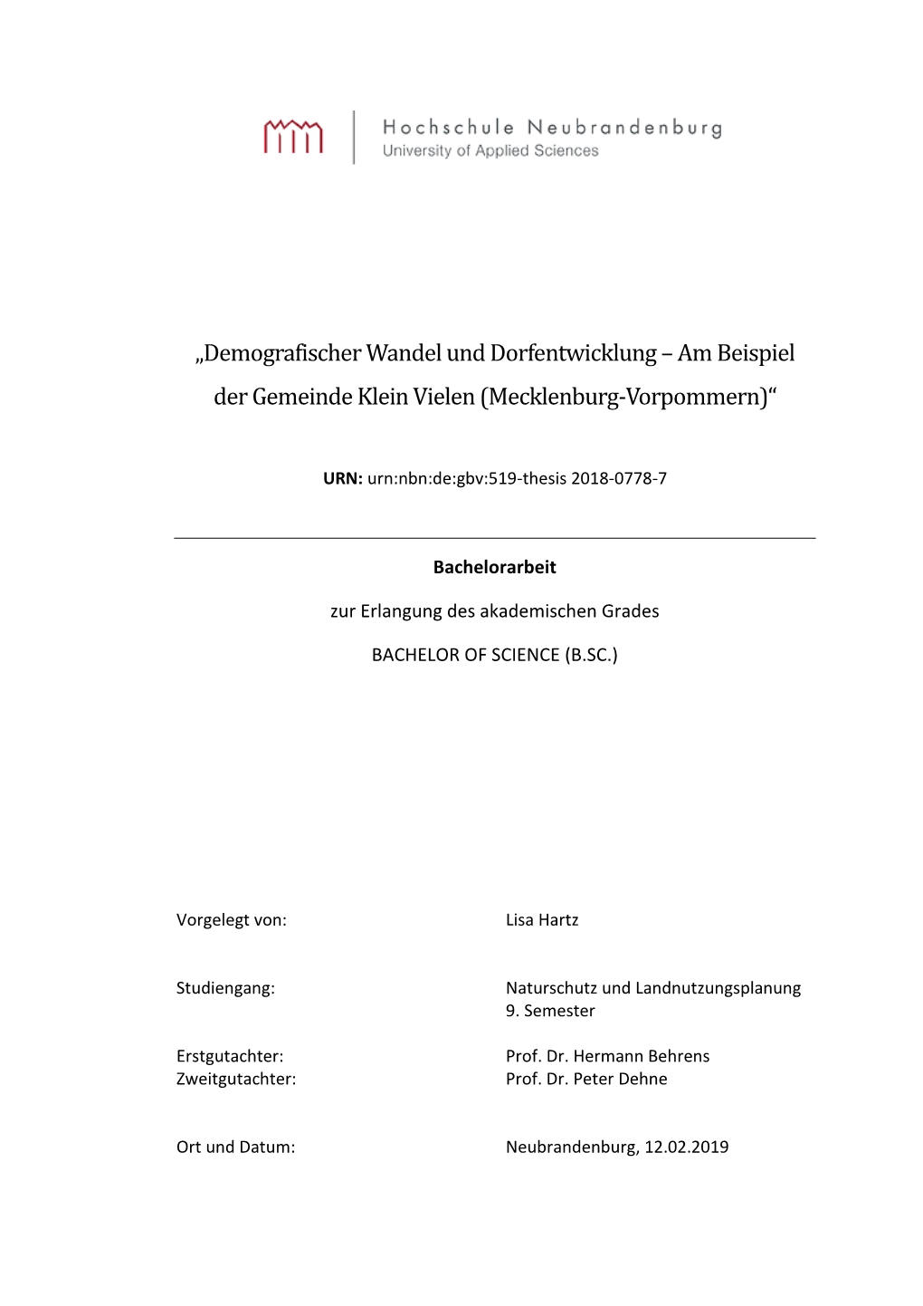 „Demografischer Wandel Und Dorfentwicklung – Am Beispiel Der Gemeinde Klein Vielen (Mecklenburg-Vorpommern)“