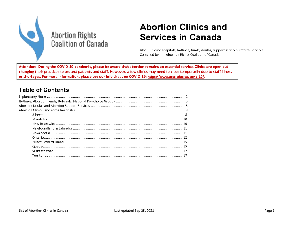 List of Abortion Clinics in Canada Last Updated Sep 25, 2021 Page 1 Explanatory Notes