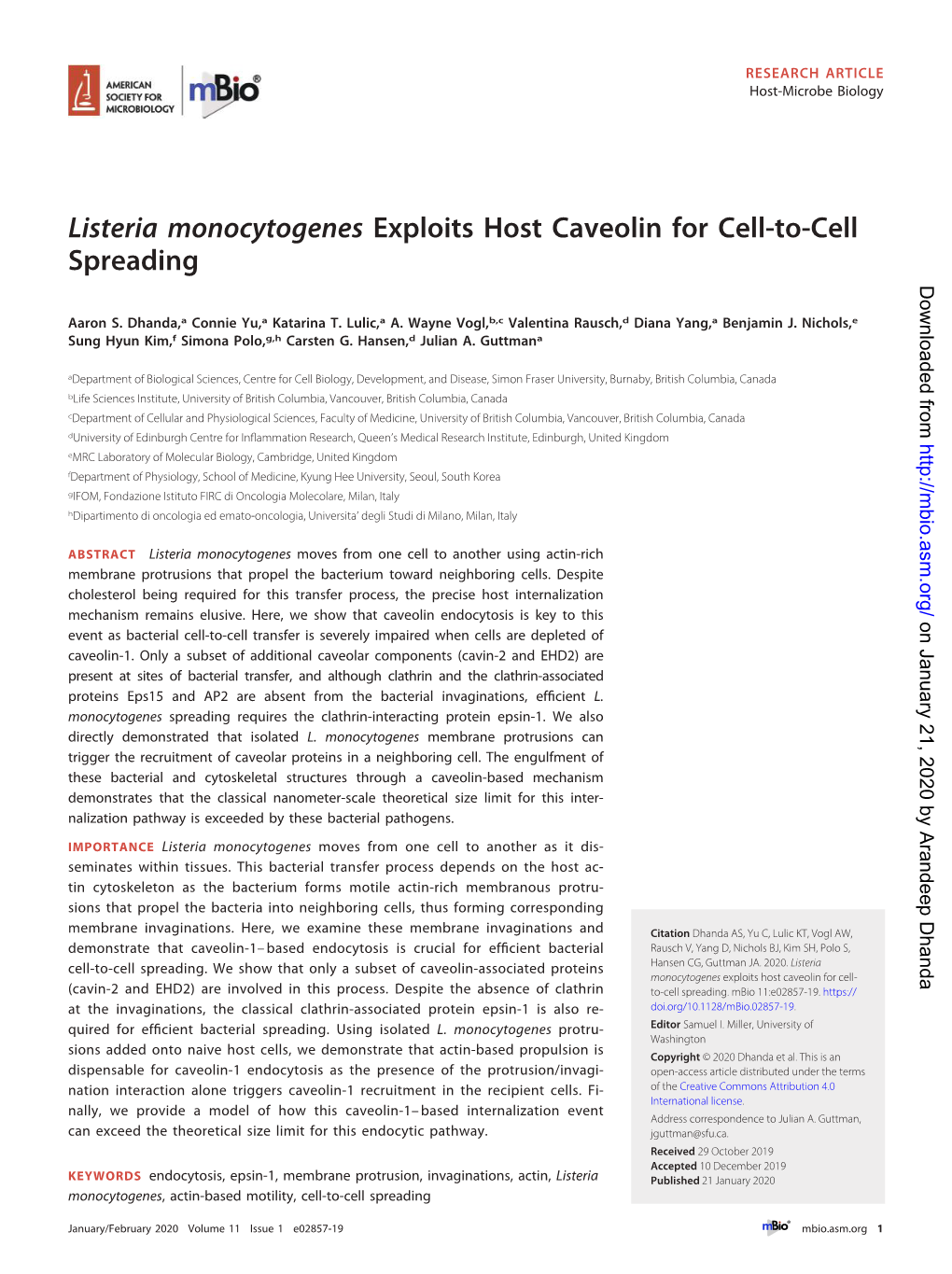 Listeria Monocytogenes Exploits Host Caveolin for Cell-To-Cell Spreading Downloaded From