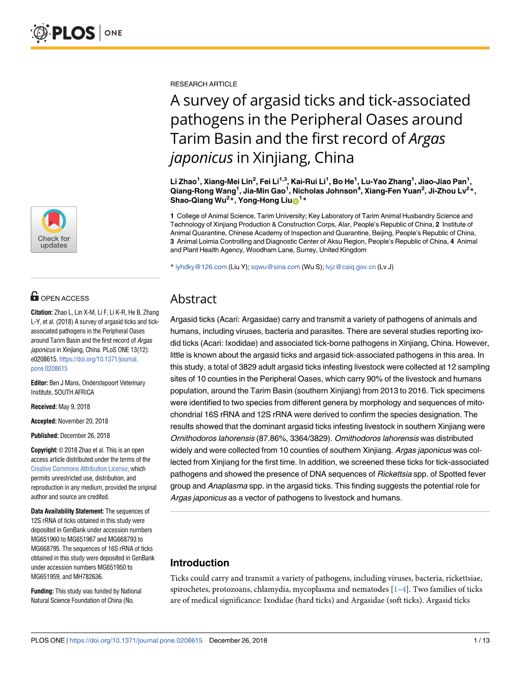 A Survey of Argasid Ticks and Tick-Associated Pathogens in the Peripheral Oases Around Tarim Basin and the First Record of Argas Japonicus in Xinjiang, China