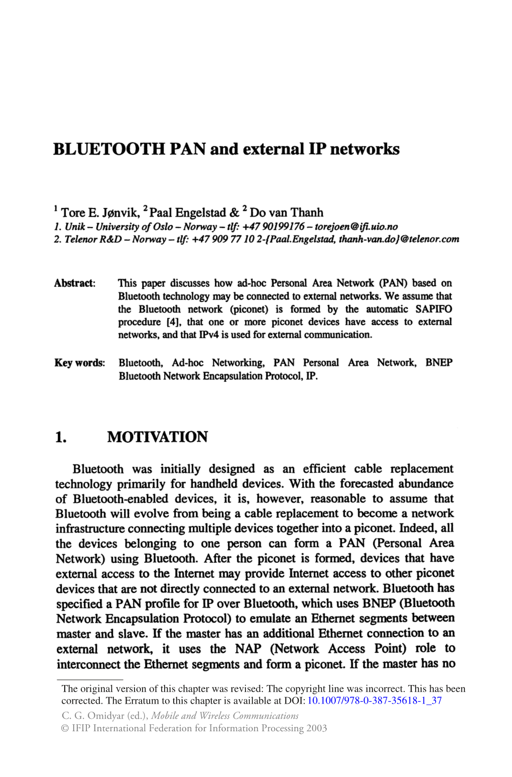 BLUETOOTH PAN and External IP Networks