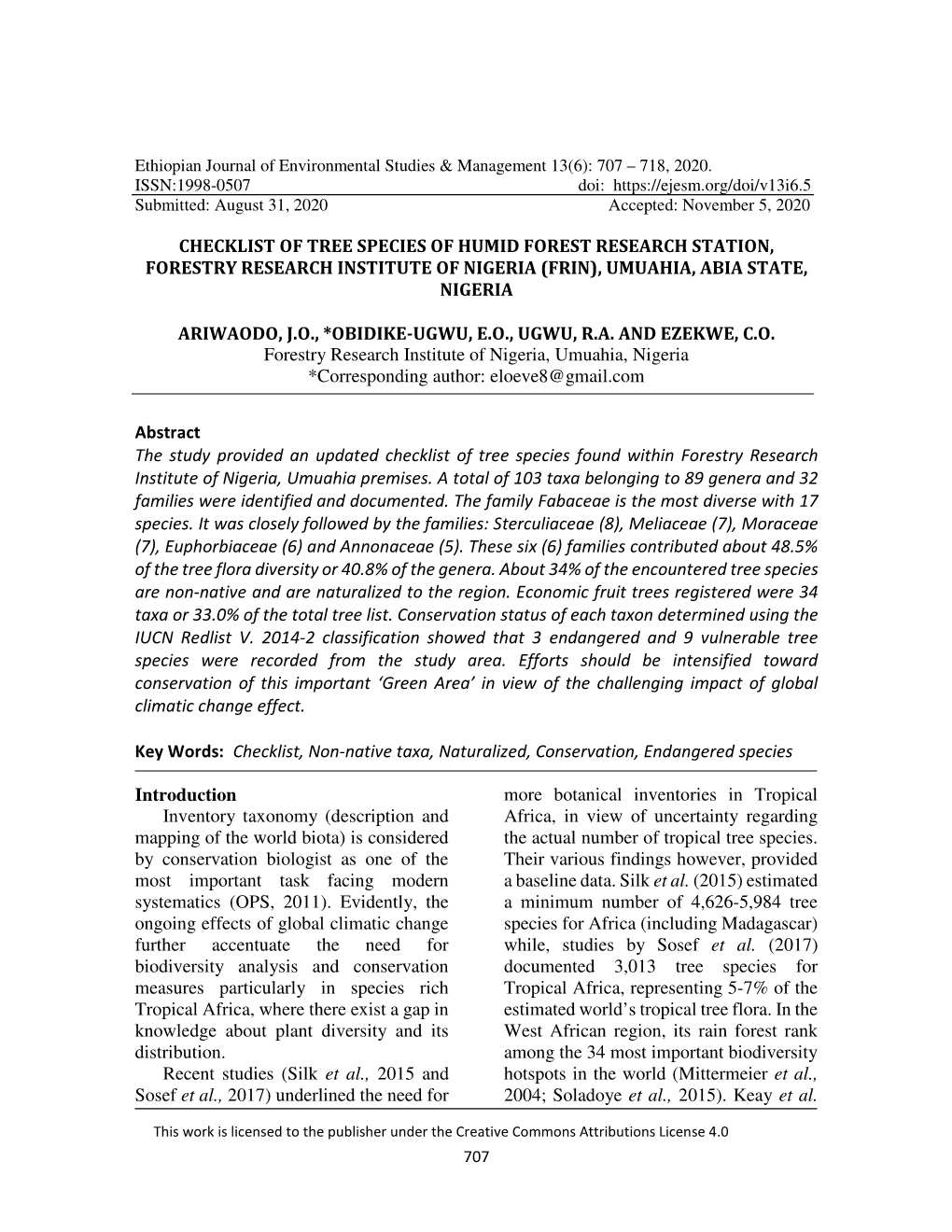 Checklist of Tree Species of Humid Forest Research Station, Forestry Research Institute of Nigeria (Frin), Umuahia, Abia State, Nigeria