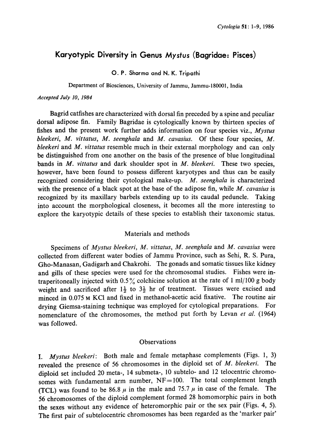 Karyotypic Diversity in Genus Mystus (Bagridae: Pisces)