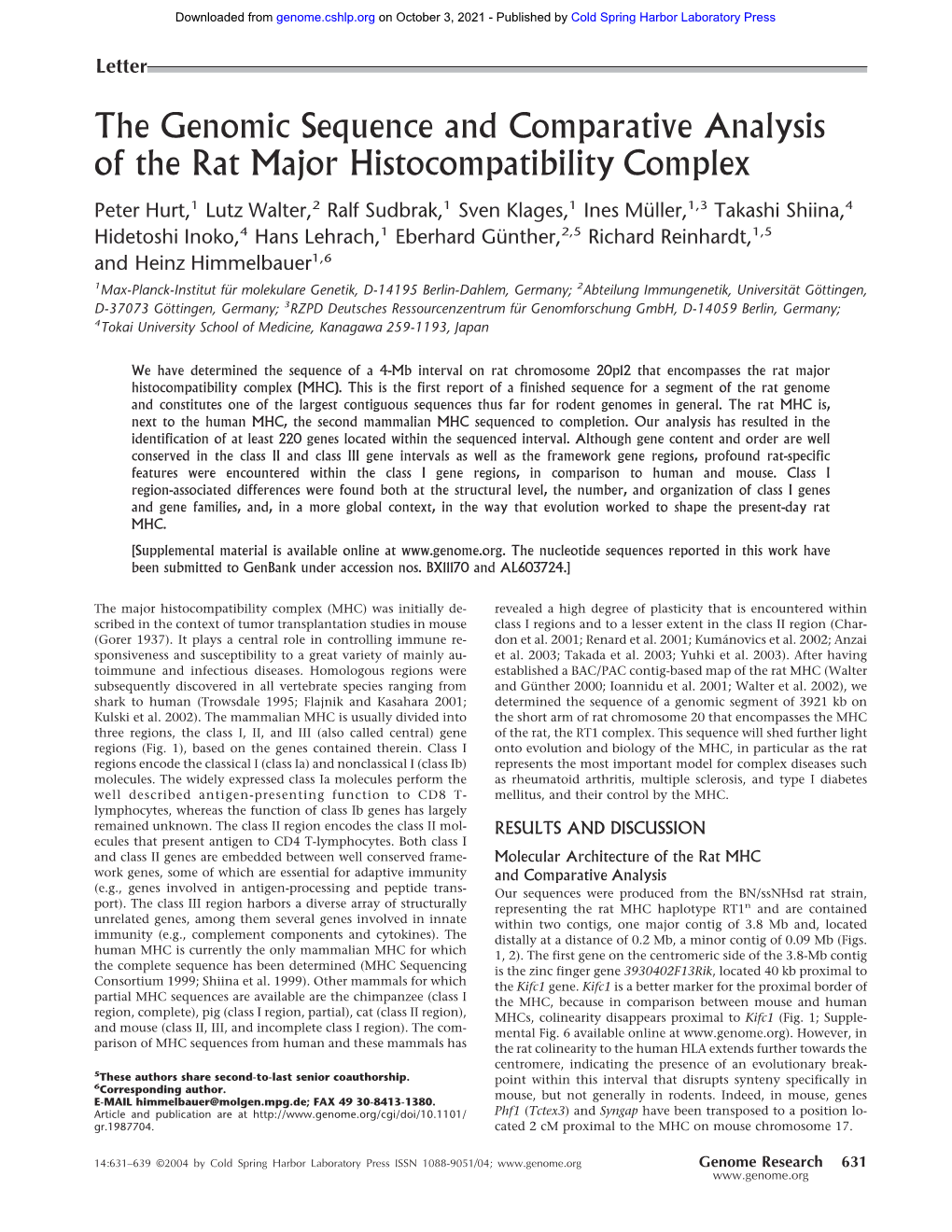 The Genomic Sequence and Comparative Analysis of the Rat Major Histocompatibility Complex