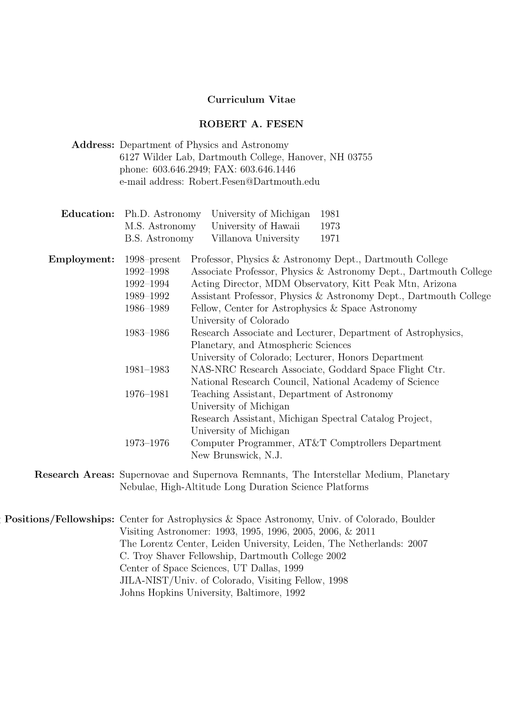 Curriculum Vitae ROBERT A. FESEN Address