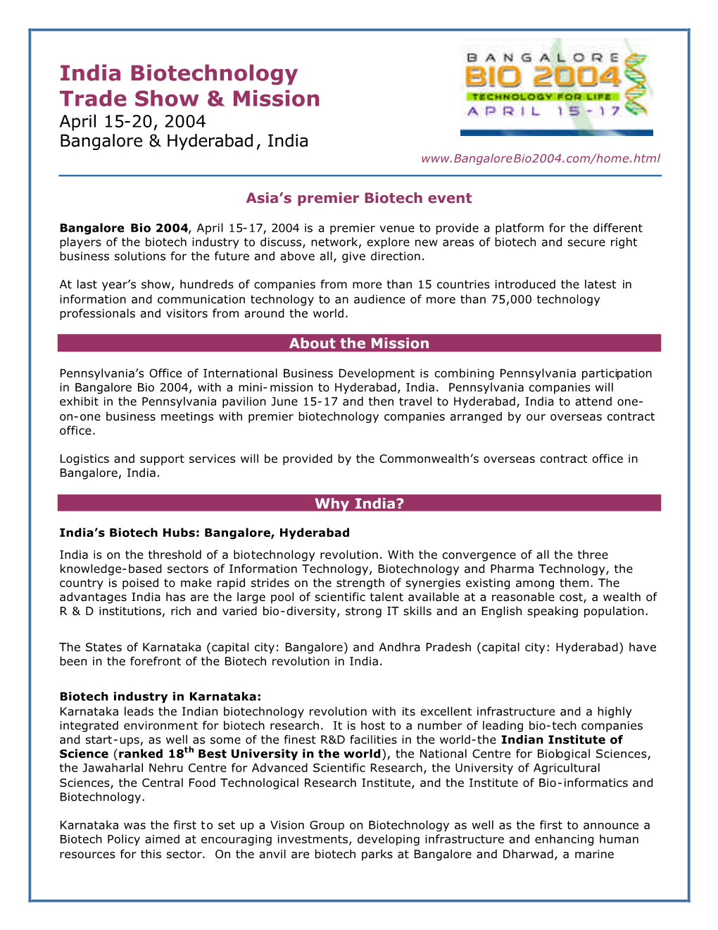 India Biotechnology Trade Show & Mission