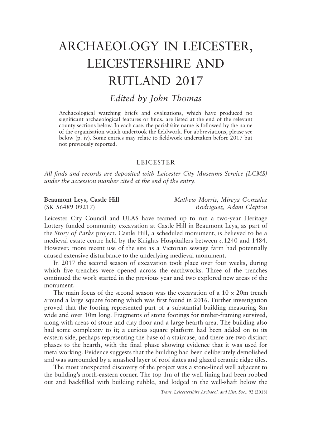ARCHAEOLOGY in LEICESTER, LEICESTERSHIRE and RUTLAND 2017 Edited by John Thomas