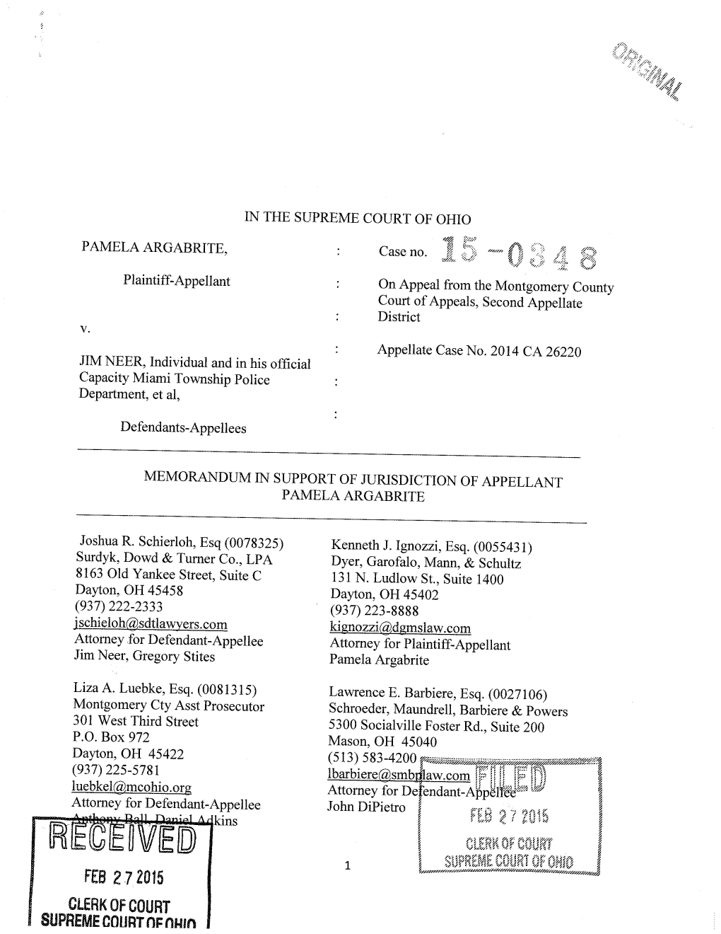 FEB 2 .7 2015 CLERK of COURT SUPREME COURT Nf Nwin TABLE of CONTENTS