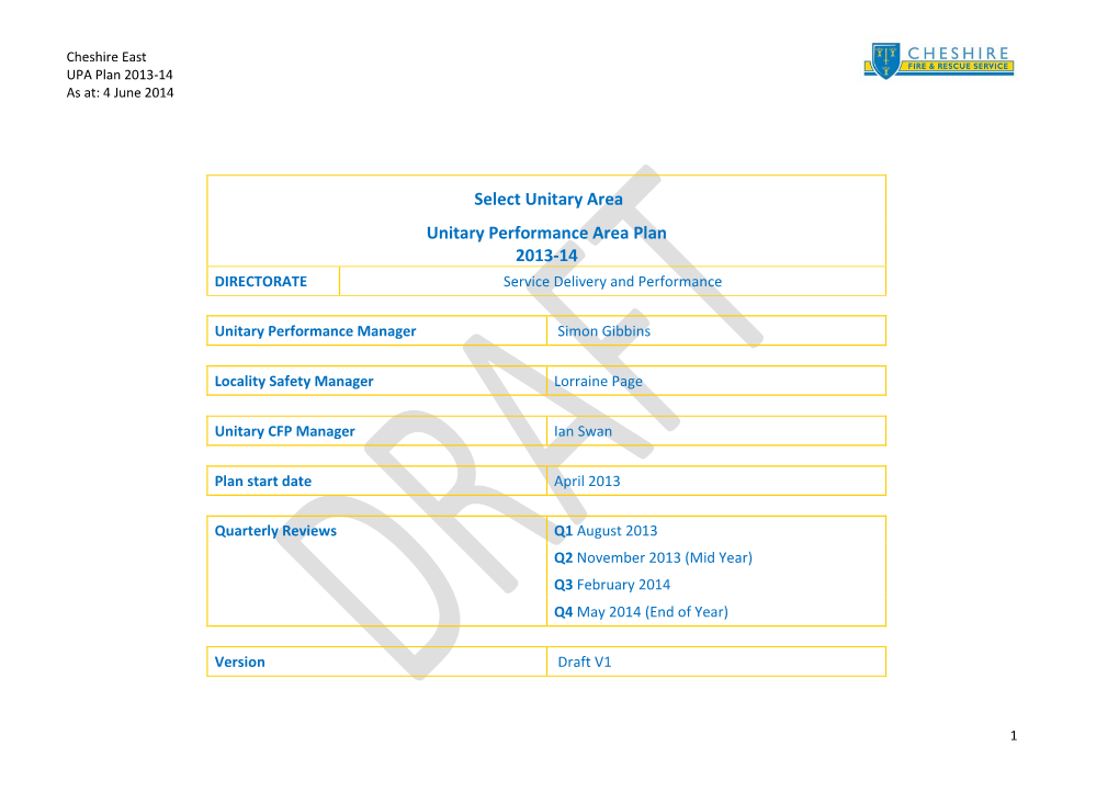 Select Unitary Area Unitary Performance Area Plan 2013-14 DIRECTORATE Service Delivery and Performance